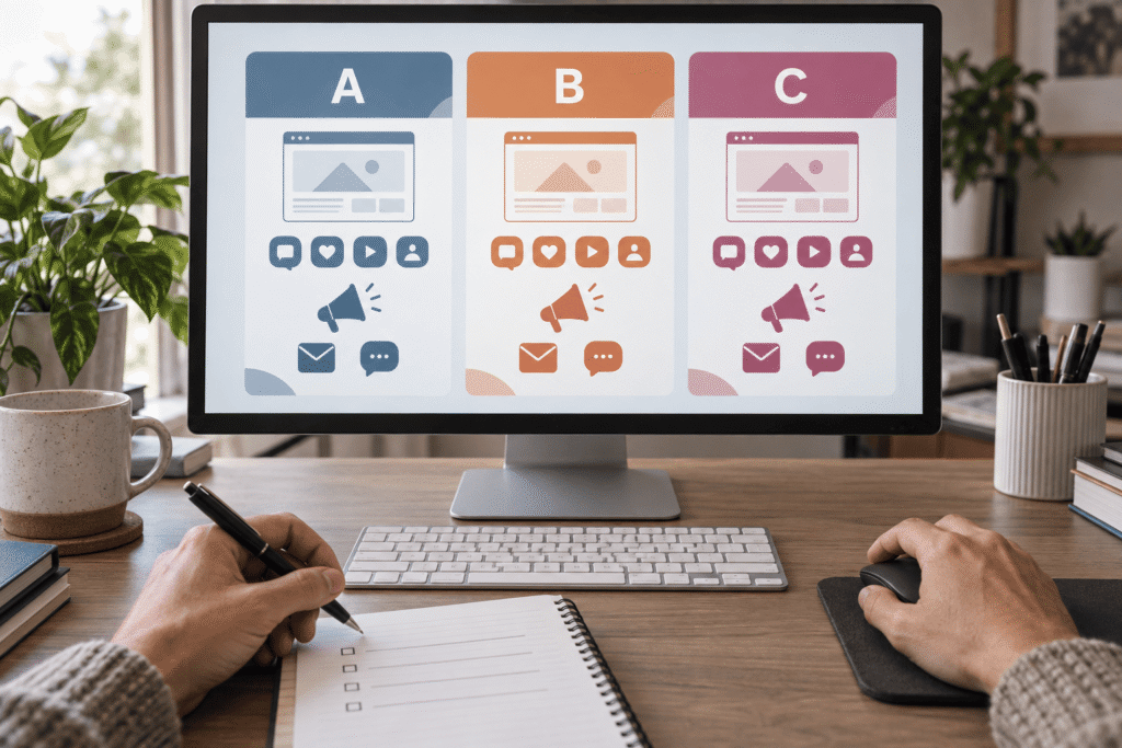 Monitor muestra tres propuestas de marketing visualmente similares.