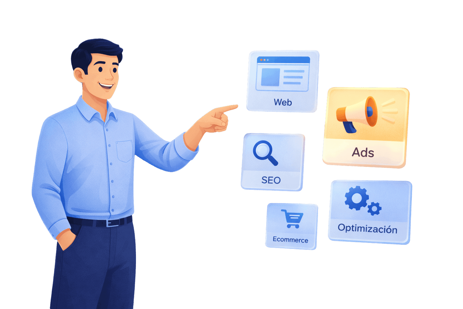 Servicios individuales de marketing digital como SEO, campañas publicitarias y desarrollo web